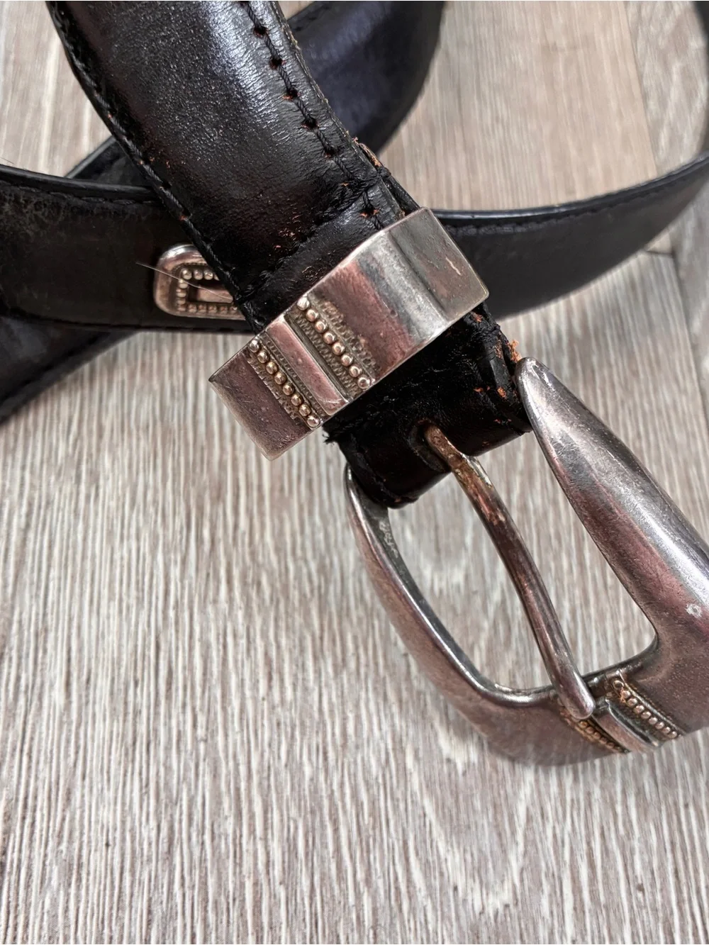 Fossil Black Leather Belt with Decorative Silver-Tone Buckle